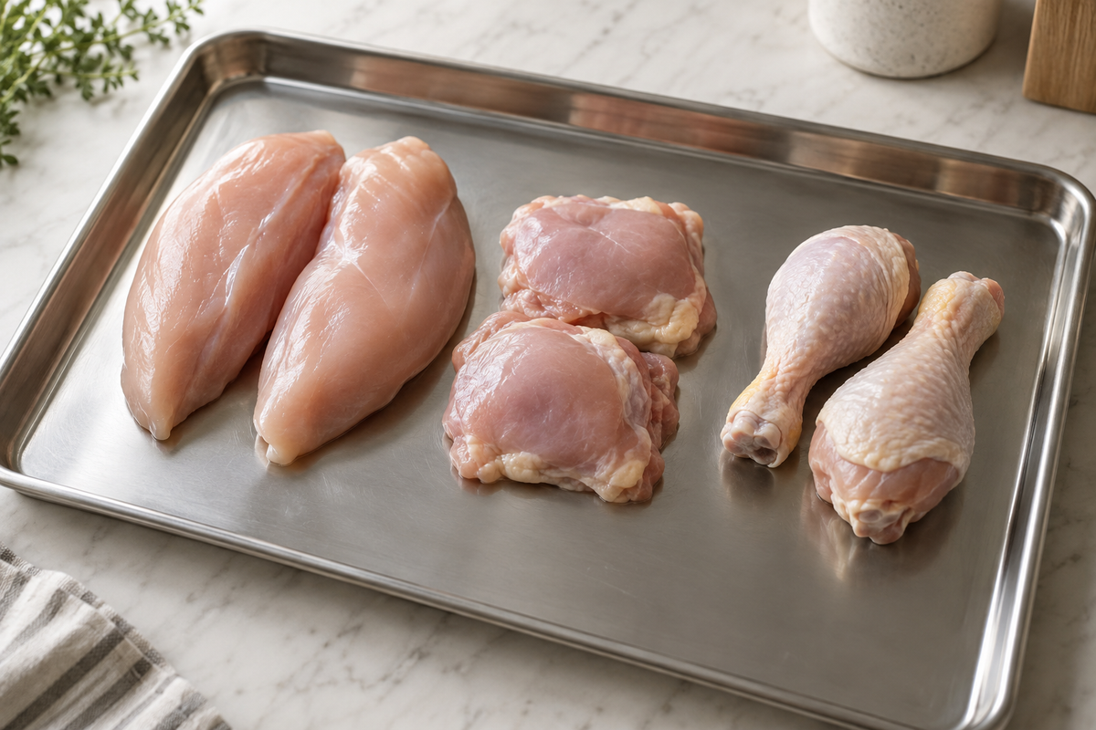 Raw chicken breasts, thighs, and drumsticks arranged on a rimmed tray before freezer packing