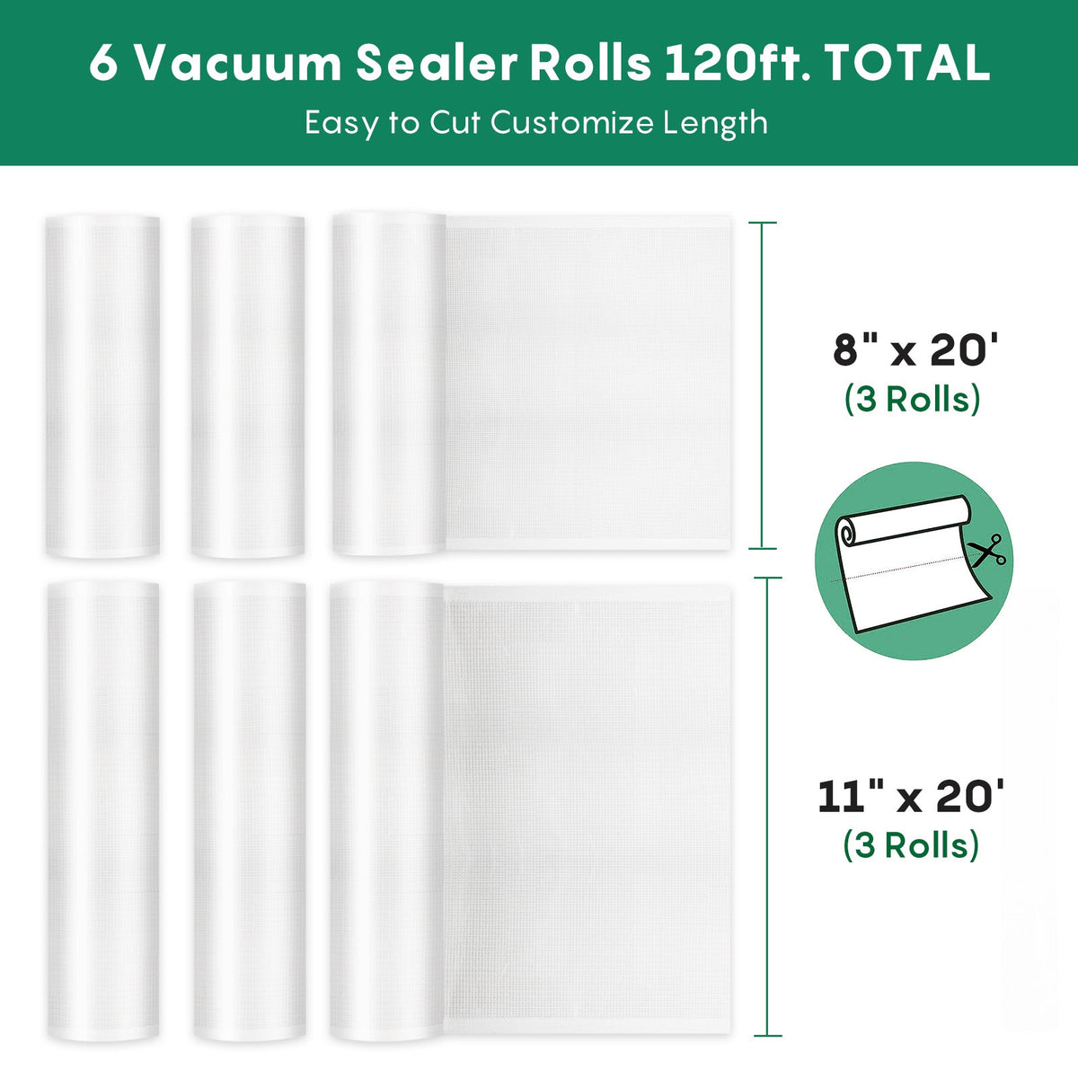FRESKO six-pack vacuum bag rolls showing three 8-inch-wide rolls and three 11-inch-wide rolls, each 20 feet long.
