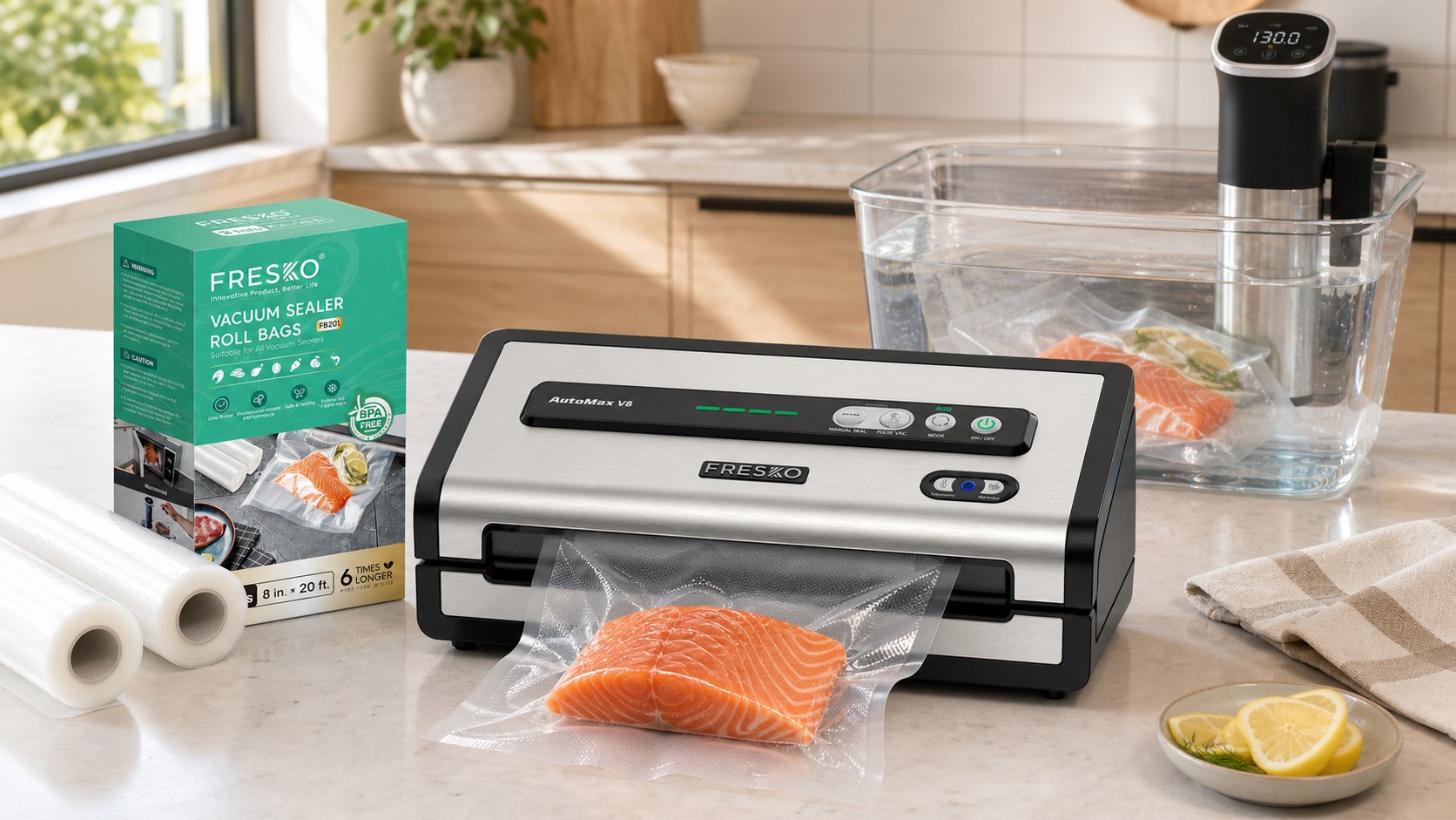 Fresko AutoMax V8 vacuum sealer sealing salmon beside a sous vide water bath