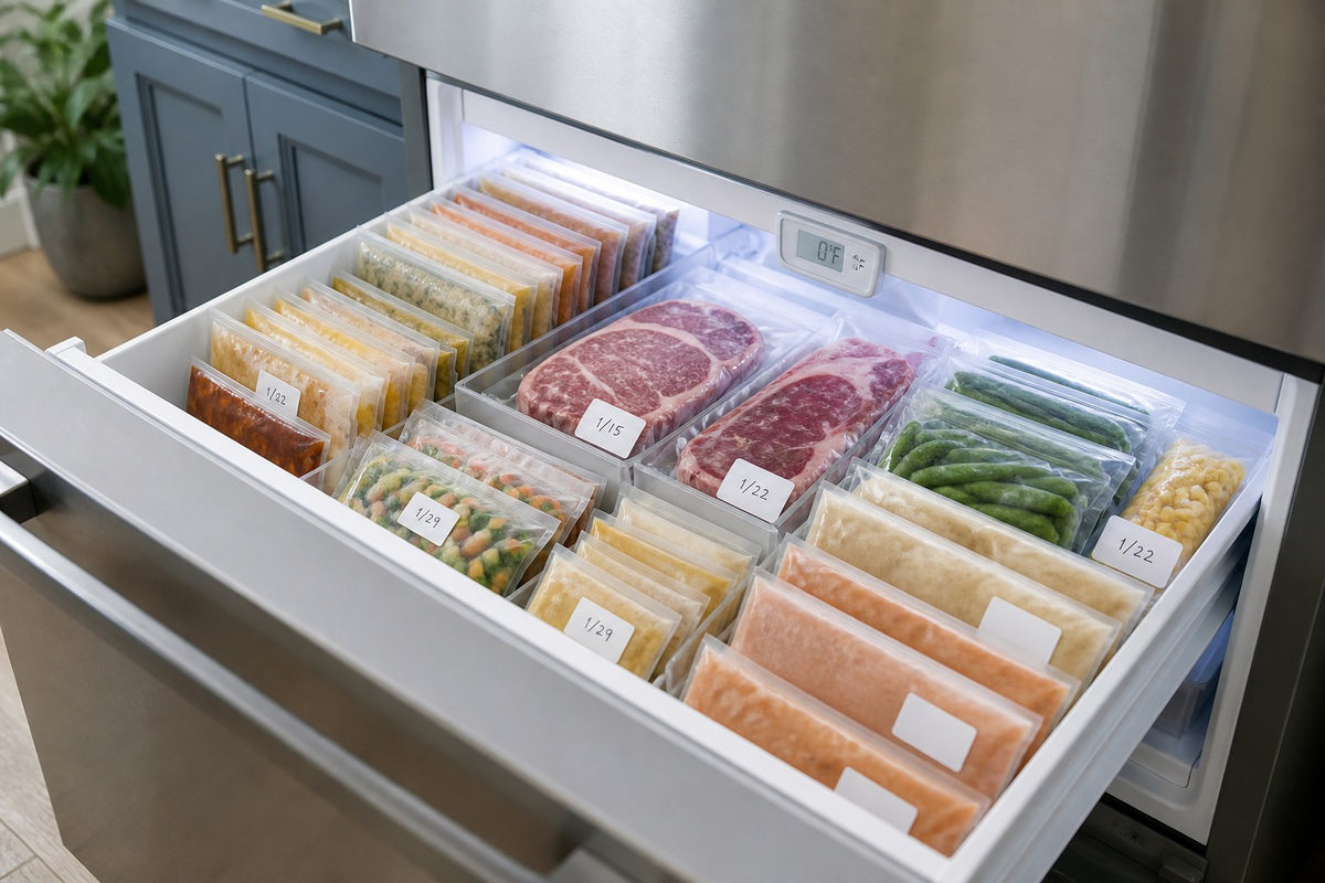 Illustration of packaged meat, vegetables, and meal portions organized in a freezer drawer.