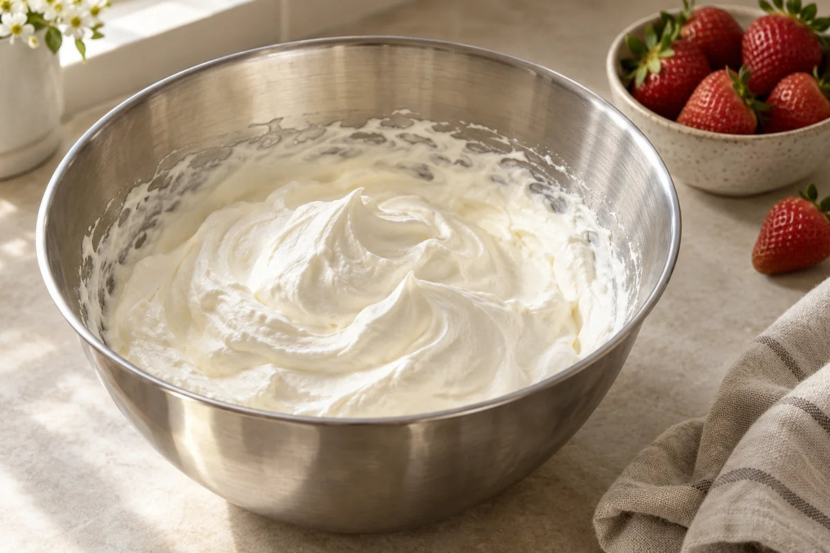 Whipped cream with soft peaks in a stainless steel mixing bowl beside strawberries and a linen cloth.