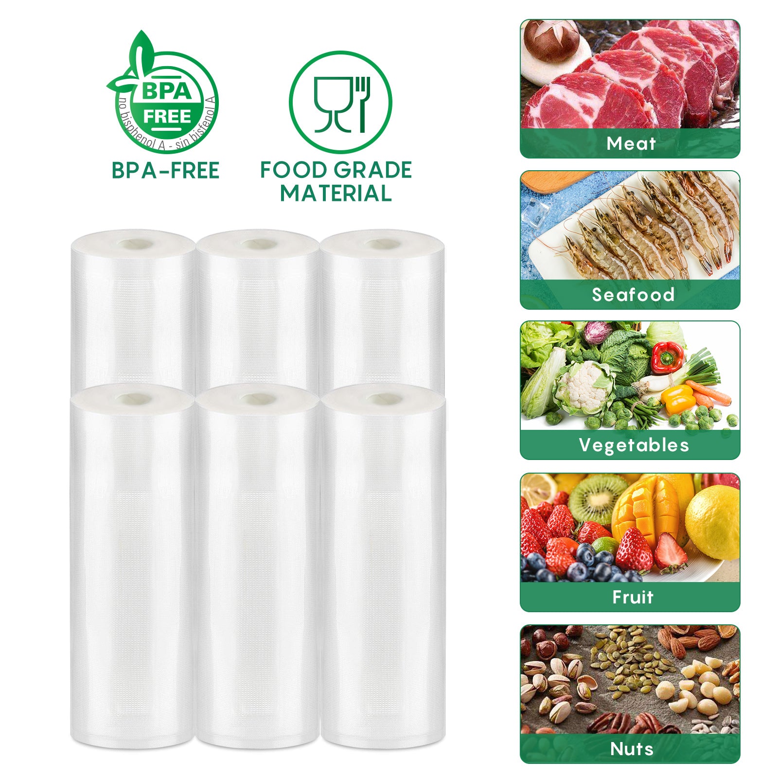 Rolls of vacuum sealers with images of food types and certification logos on a white background