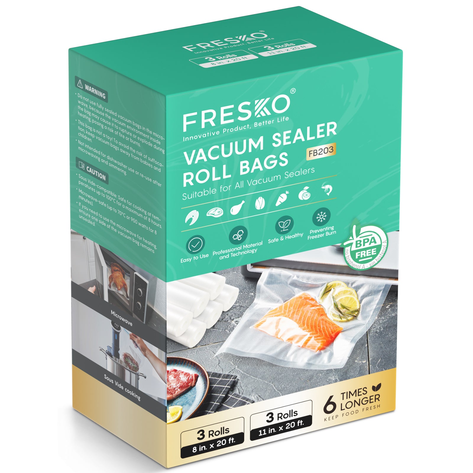 Box of Fresko vacuum sealer roll bags with images of food packaging on a white background