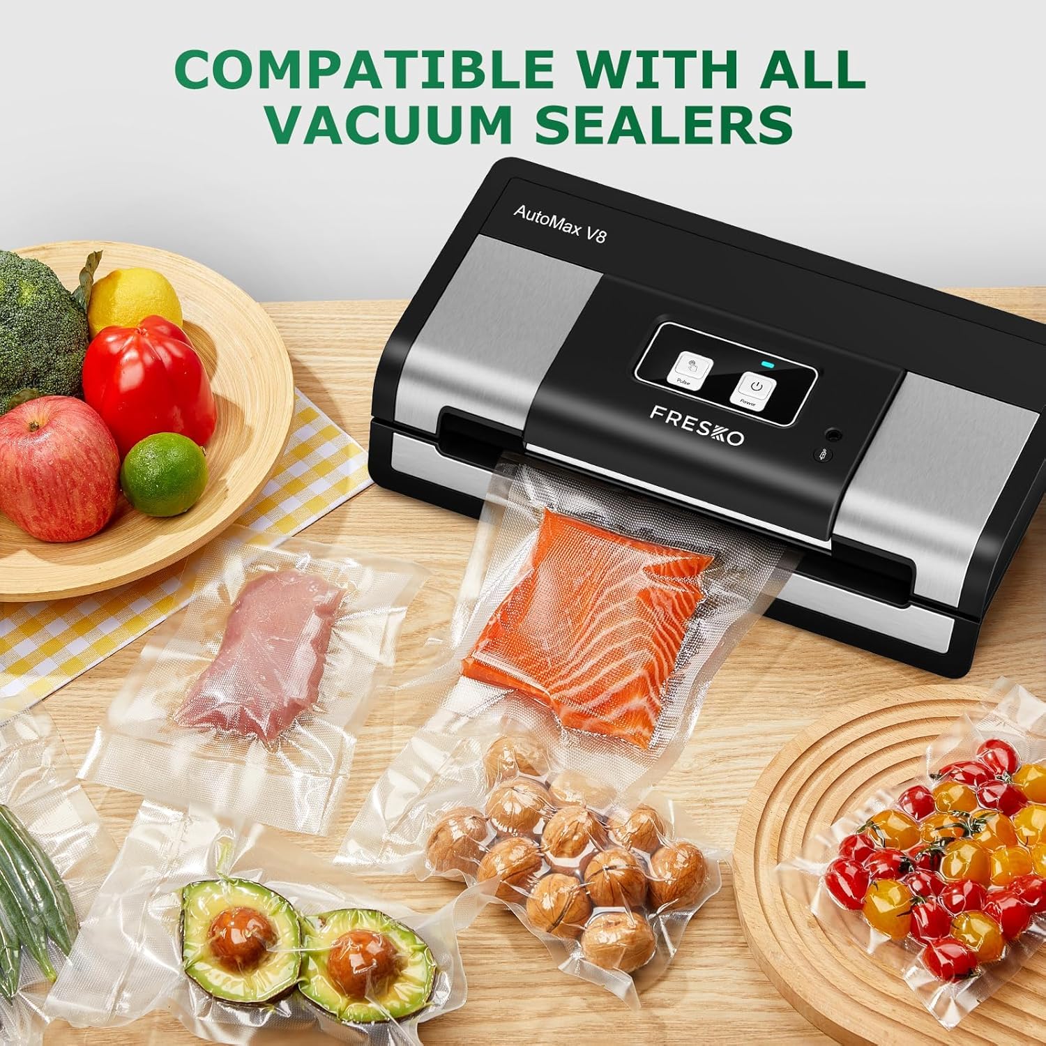 Fresco vacuum sealer with food packaging on a wooden surface