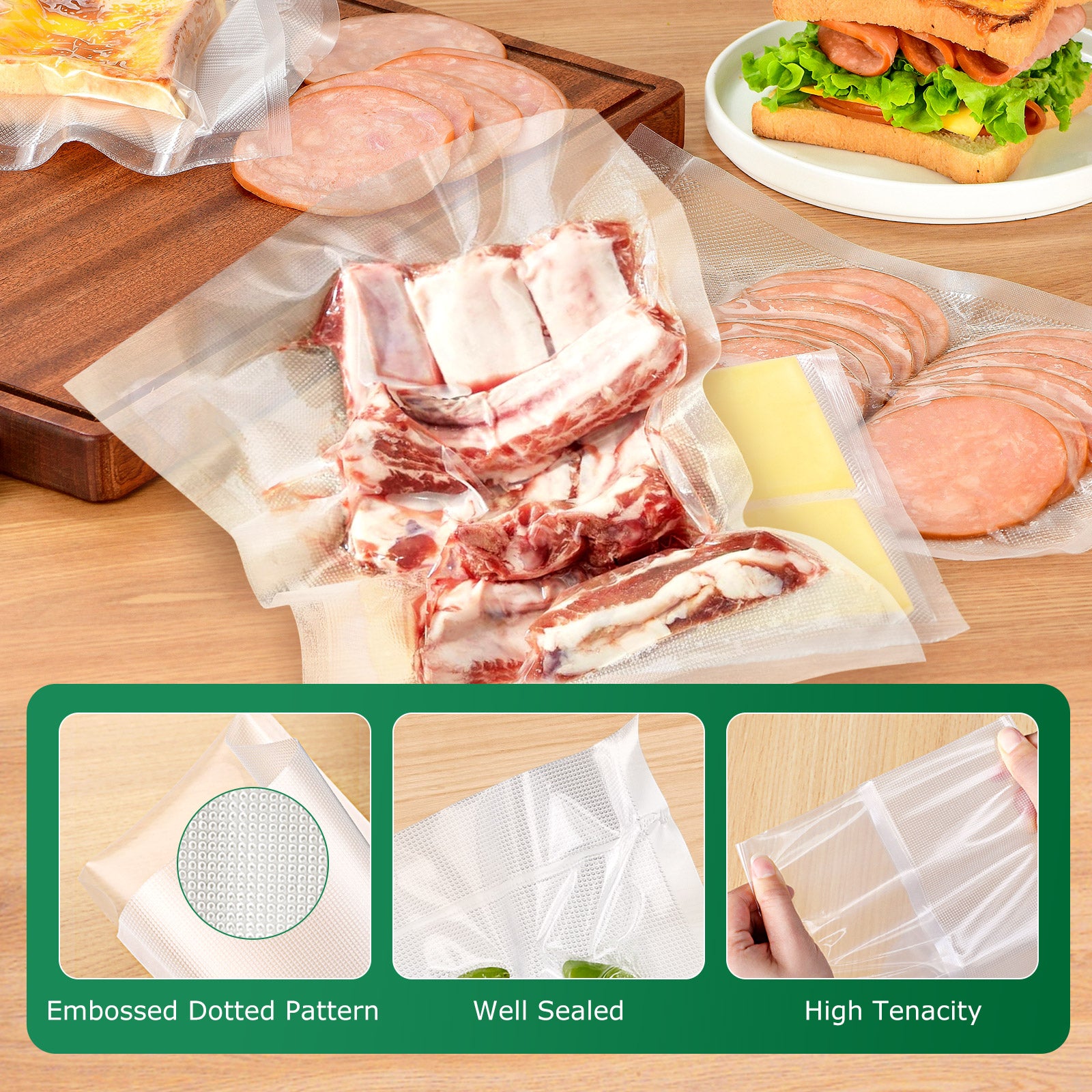Vacuum-sealed food packaging on a wooden surface with a sandwich in the background.