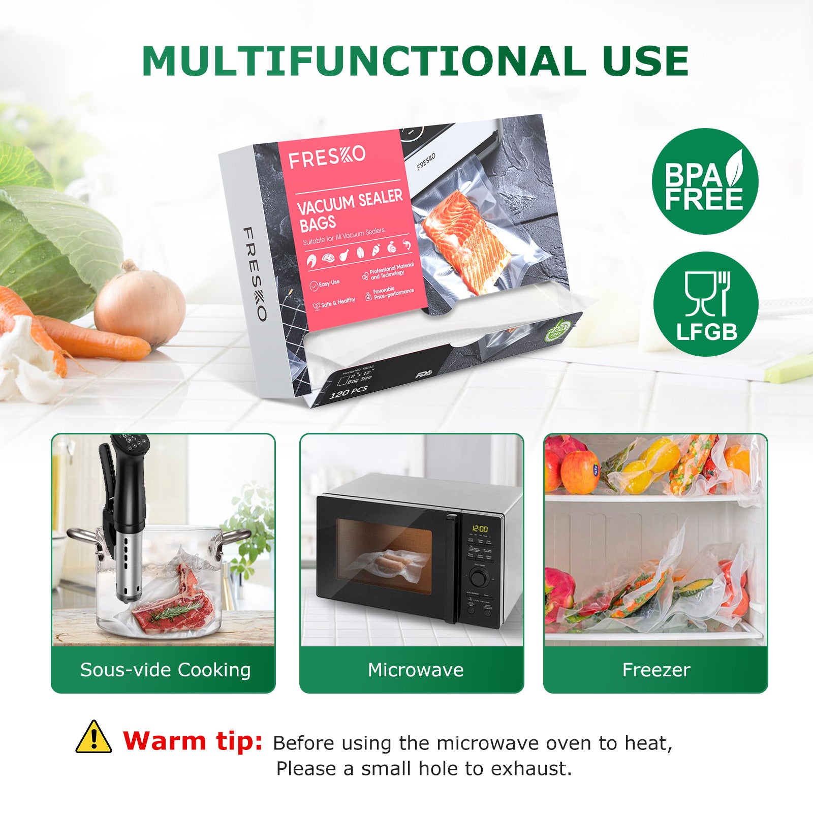 Multifunctional vacuum sealer with packaging and usage scenarios on a white background