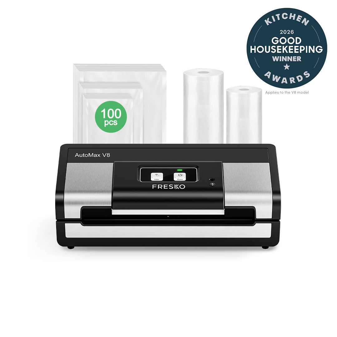 FRESKO AutoMax V8 Heavy-Duty Automatic Vacuum Sealer with packaging,100 pre-cut bags and Good Housekeeping Award badge on a white background.