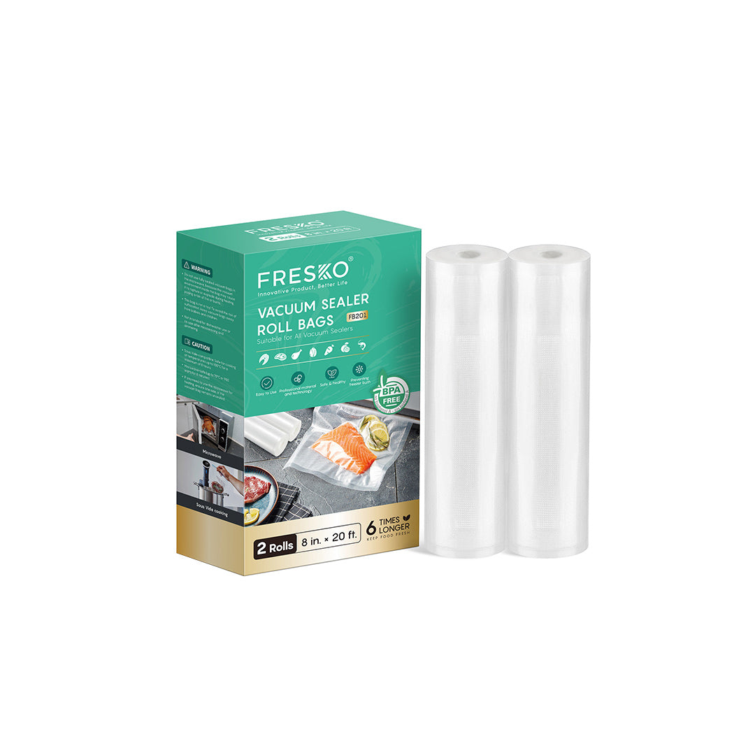 Fresko vacuum sealer roll bags packaging with two rolls on a white background