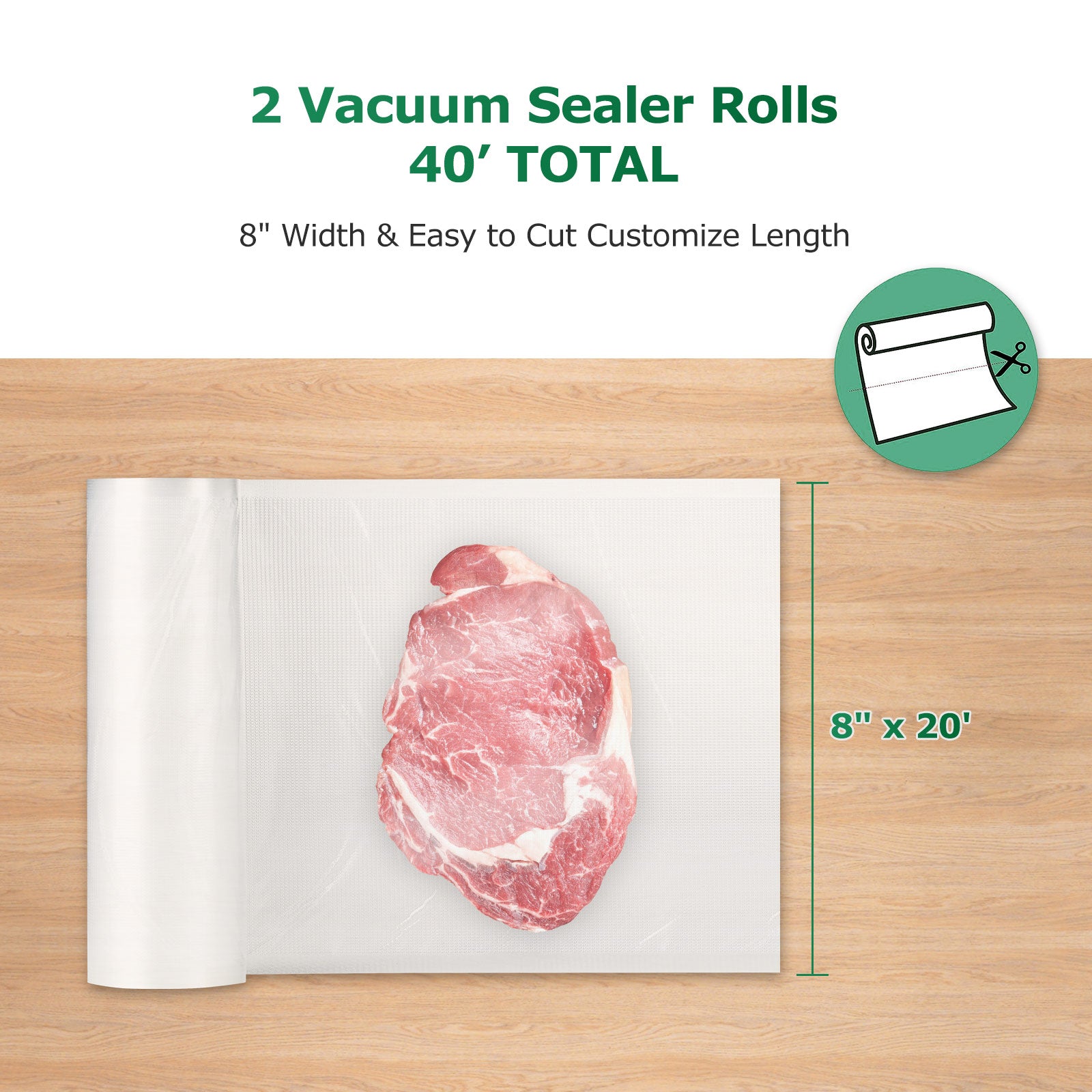 Vacuum sealer rolls with a piece of raw meat on a wooden surface