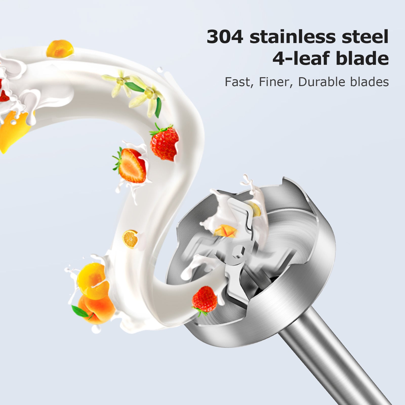 Stainless steel blade with 304 stainless steel 4-leaf blade text and fruit illustrations on a light blue background