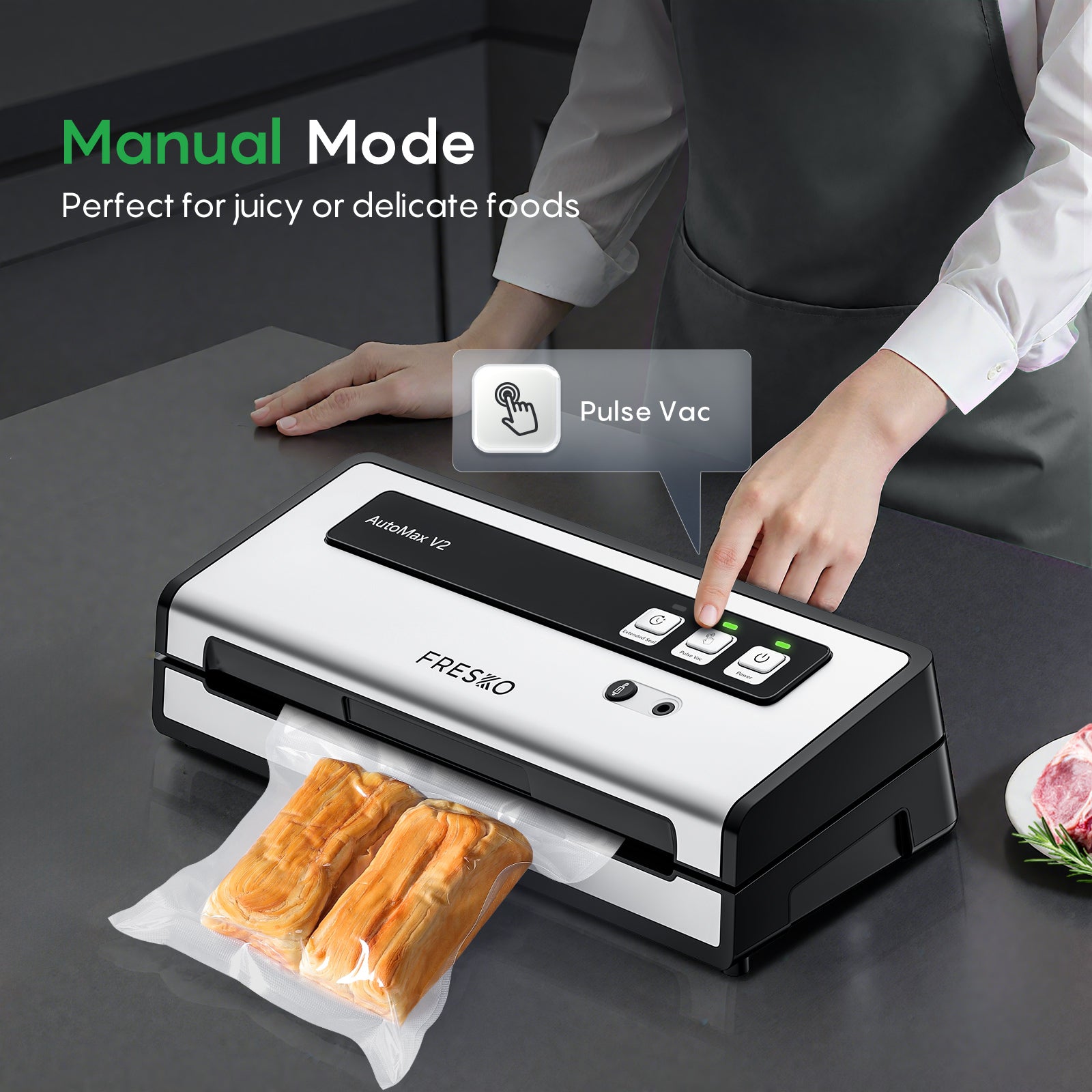 FRESKO Automatic Vacuum Sealer, 140 W Vacuum Sealer with Double Heat Seal, Dry/Wet Mode, One-Hand Operation, Automatic Locking, 10 Pre-Cut Bags (Automax V2)