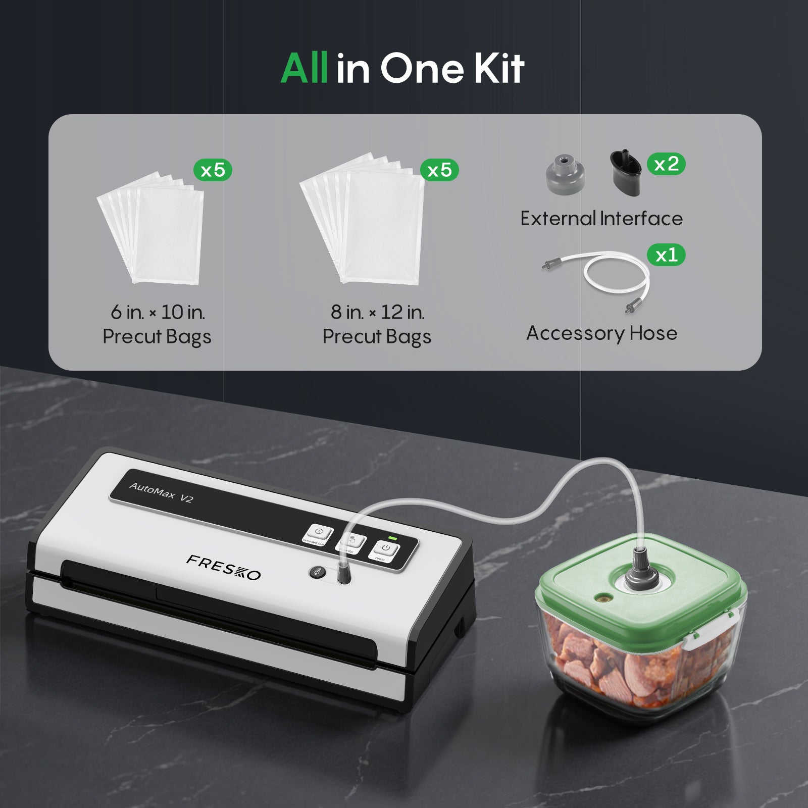 FRESKO Automatic Vacuum Sealer, 140 W Vacuum Sealer with Double Heat Seal, Dry/Wet Mode, One-Hand Operation, Automatic Locking, 10 Pre-Cut Bags (Automax V2)