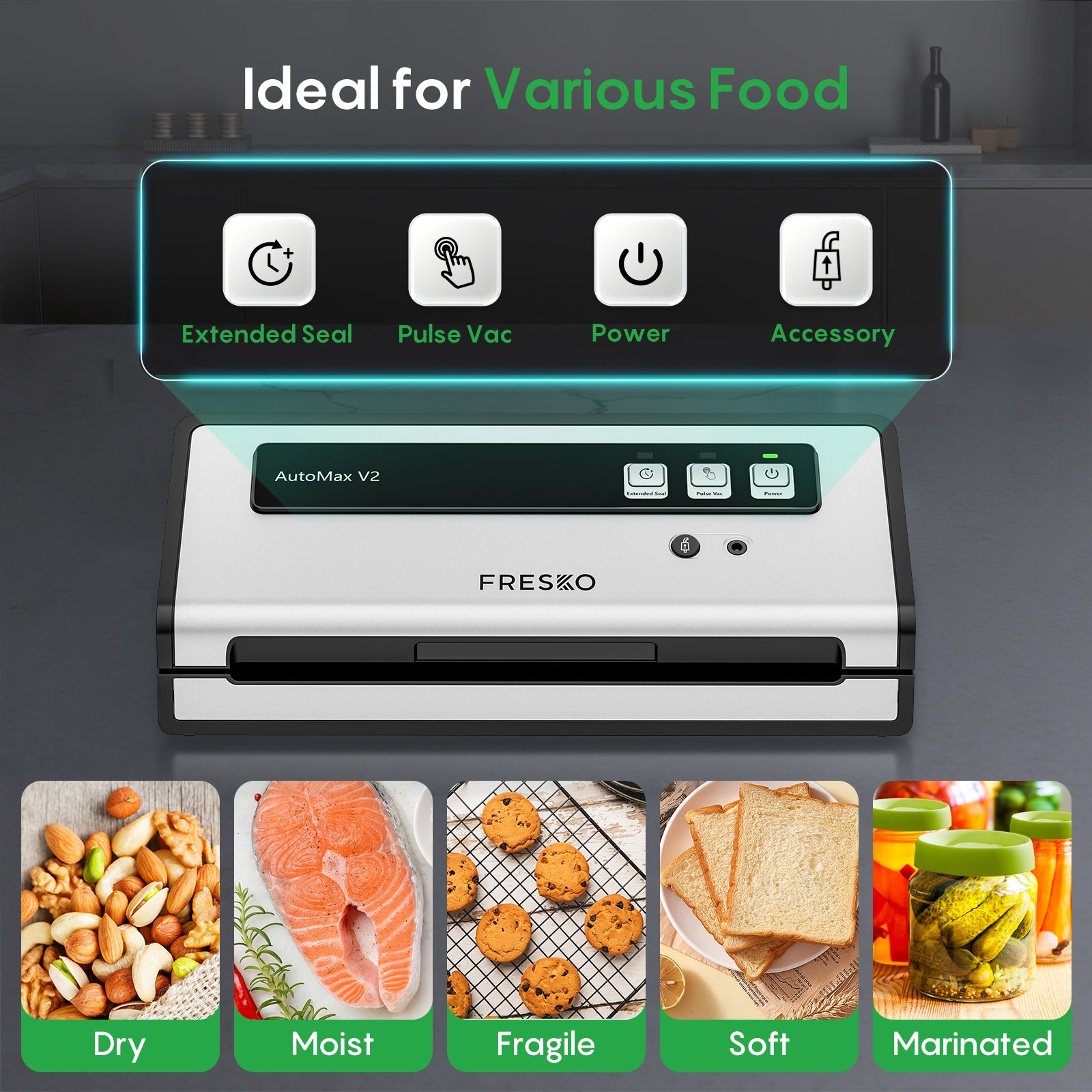 FRESKO Automatic Vacuum Sealer, 140 W Vacuum Sealer with Double Heat Seal, Dry/Wet Mode, One-Hand Operation, Automatic Locking, 10 Pre-Cut Bags (Automax V2)