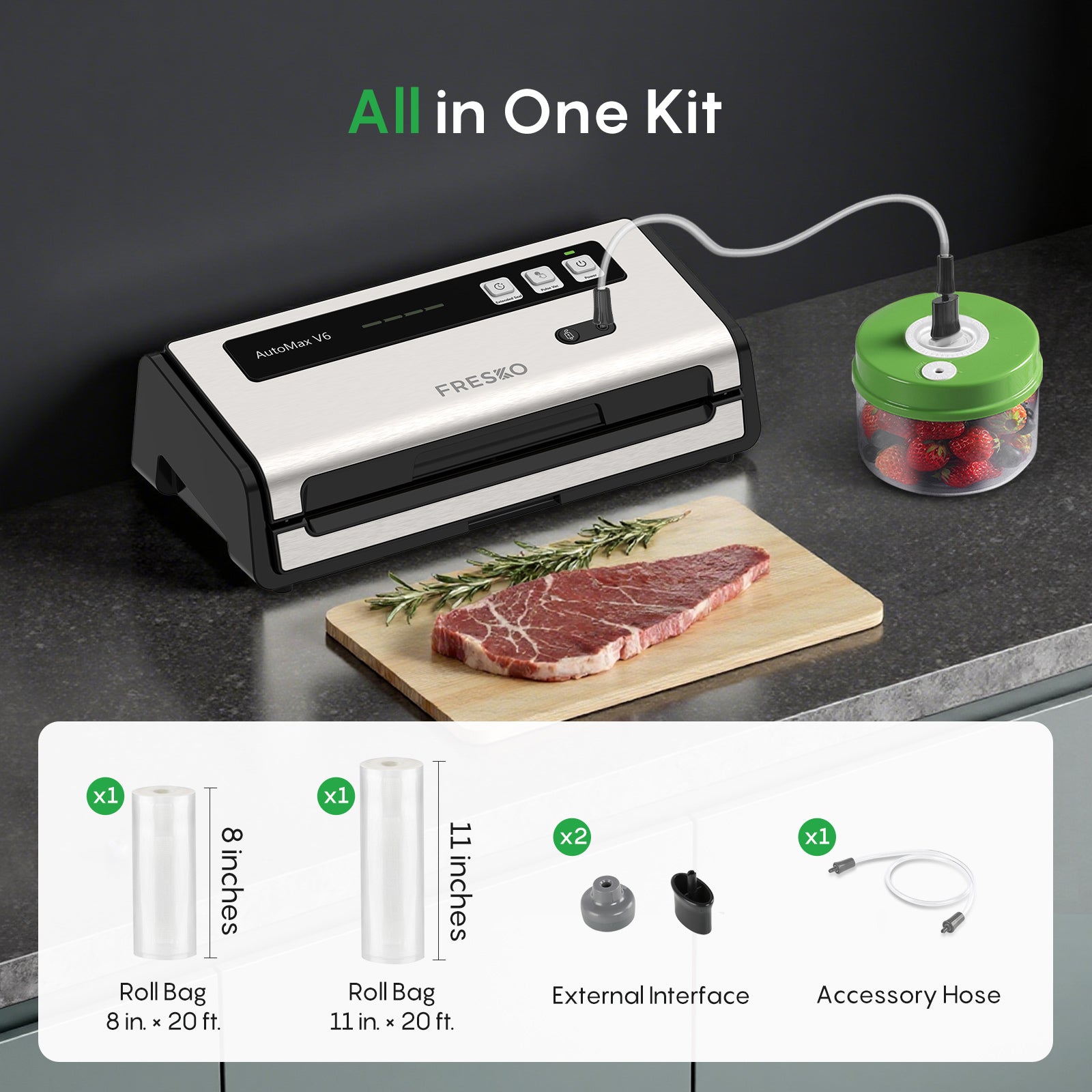 FRESKO Automatic Vacuum Sealer, 140 W Vacuum Sealer, Widened Heating Strips, Integrated Cutter and Bag Storage, One-Handed Operation (Automax V6)
