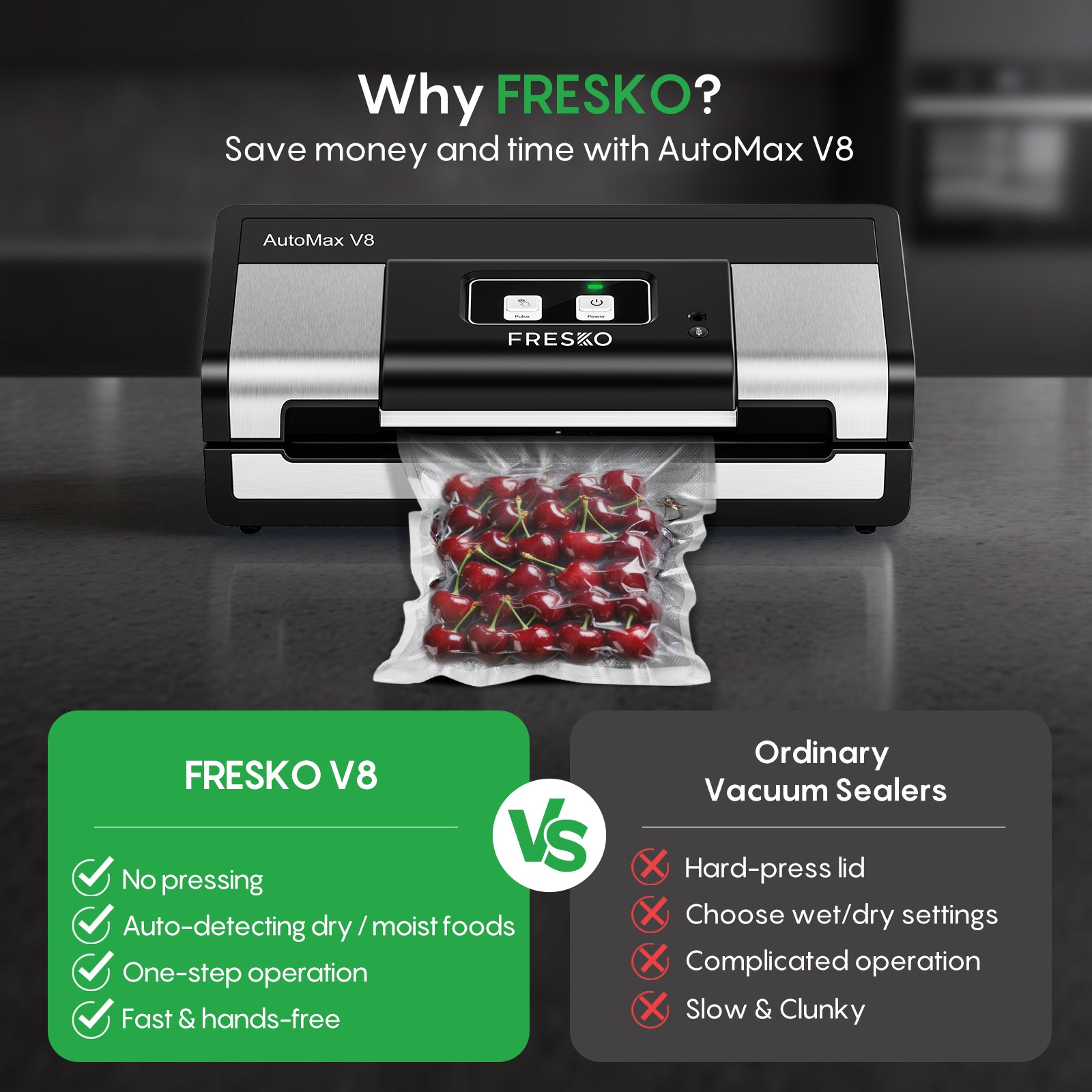 FRESKO AutoMax V8 Heavy-Duty Automatic Vacuum Sealer for Food Storage,Includes 2 Bag Rolls