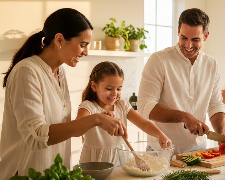 Family of four cooking together in a modern kitchen