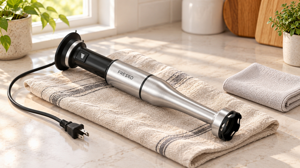 Unplugged FRESKO H9 immersion blender with its blade guard visible, resting on a towel beside a cleaning cloth.