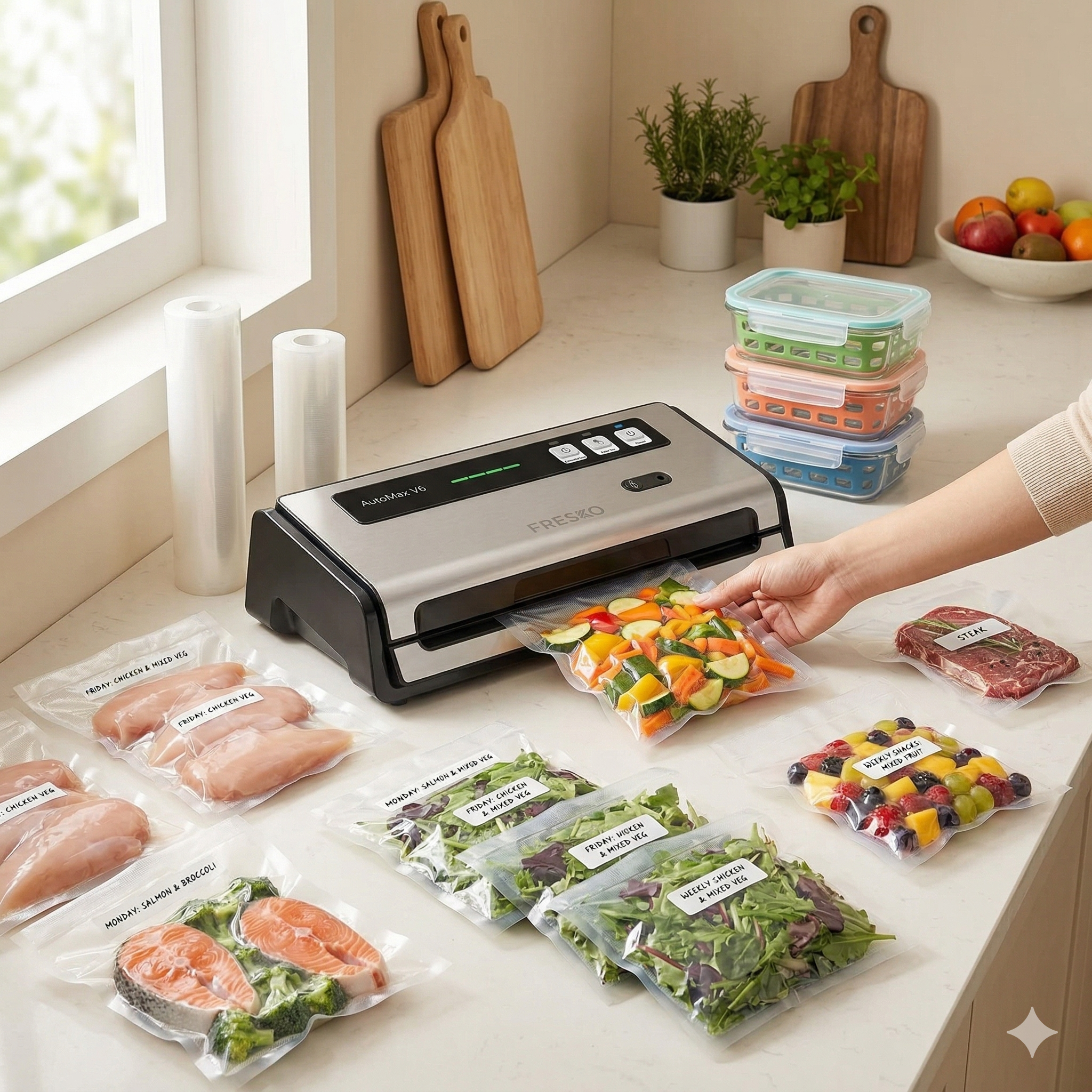 FRESKO AutoMax V6 vacuum sealer in a modern kitchen sealing vegetables with prepped meals, meat, and fruit in vacuum bags
