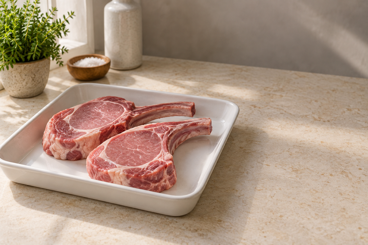 Two raw bone-in pork chops on a white tray before freezer packaging.