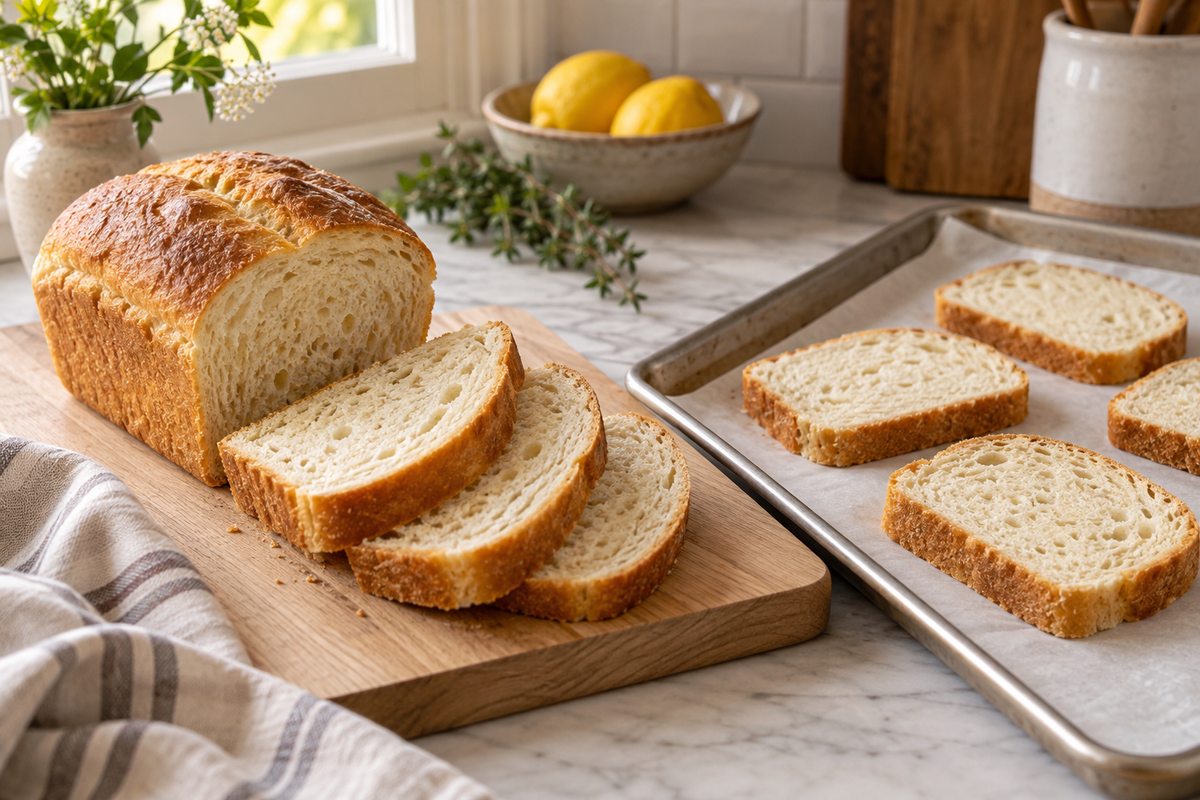 A bread loaf and sliced bread on a wooden board beside separate slices on a parchment-lined baking sheet.
