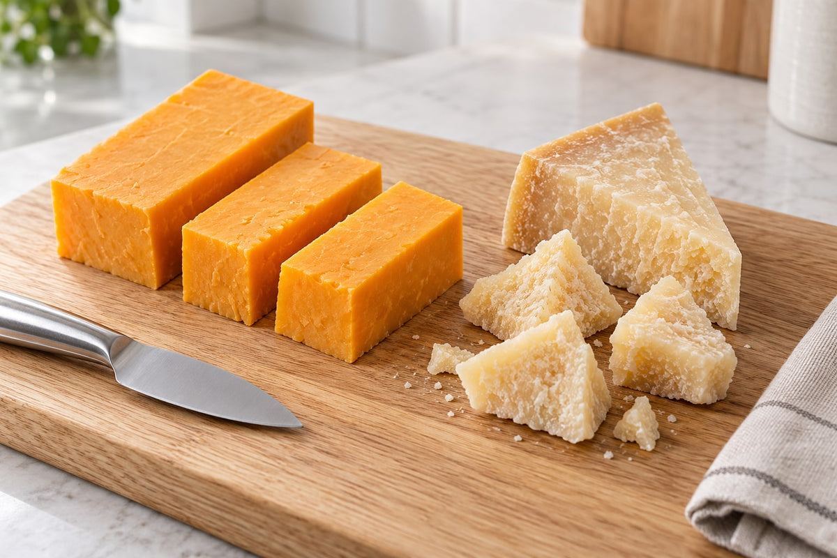 Cheddar blocks and Parmesan portions on a wooden board beside a knife before refrigerated storage.