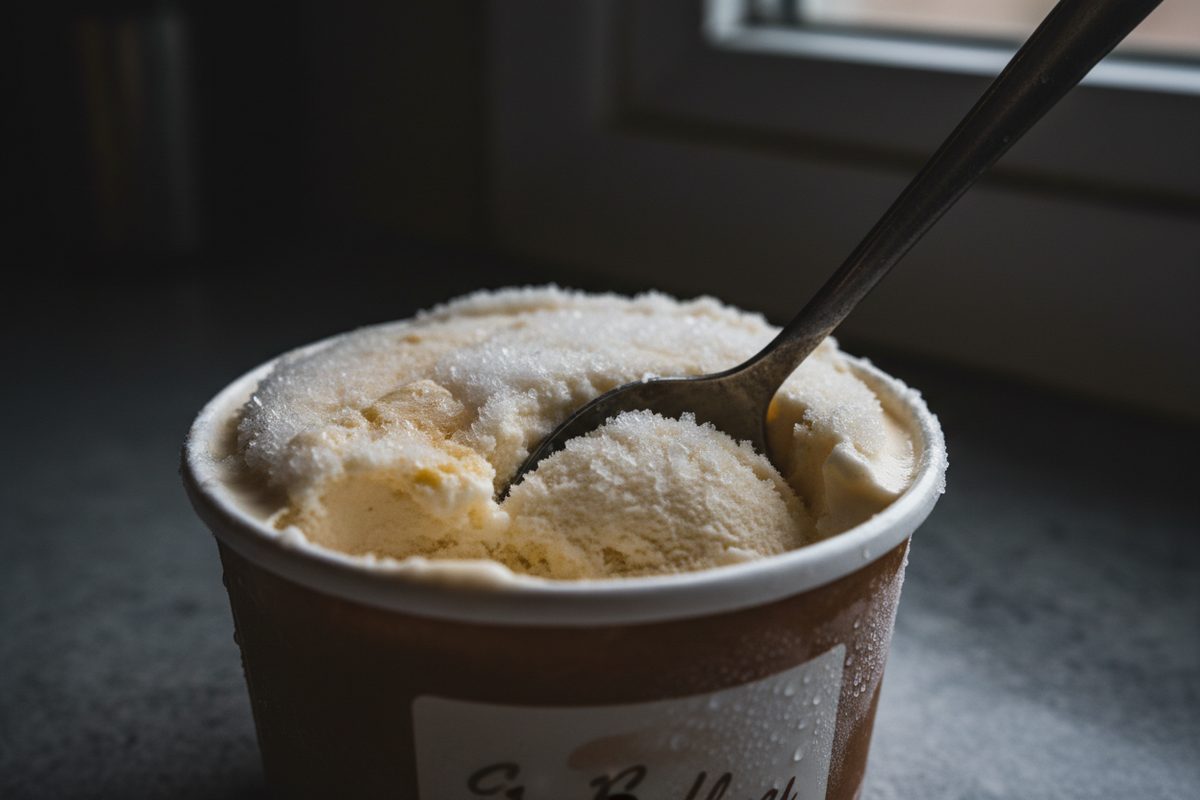 Illustrative ice cream surface with coarse ice crystals beside a spoon.
