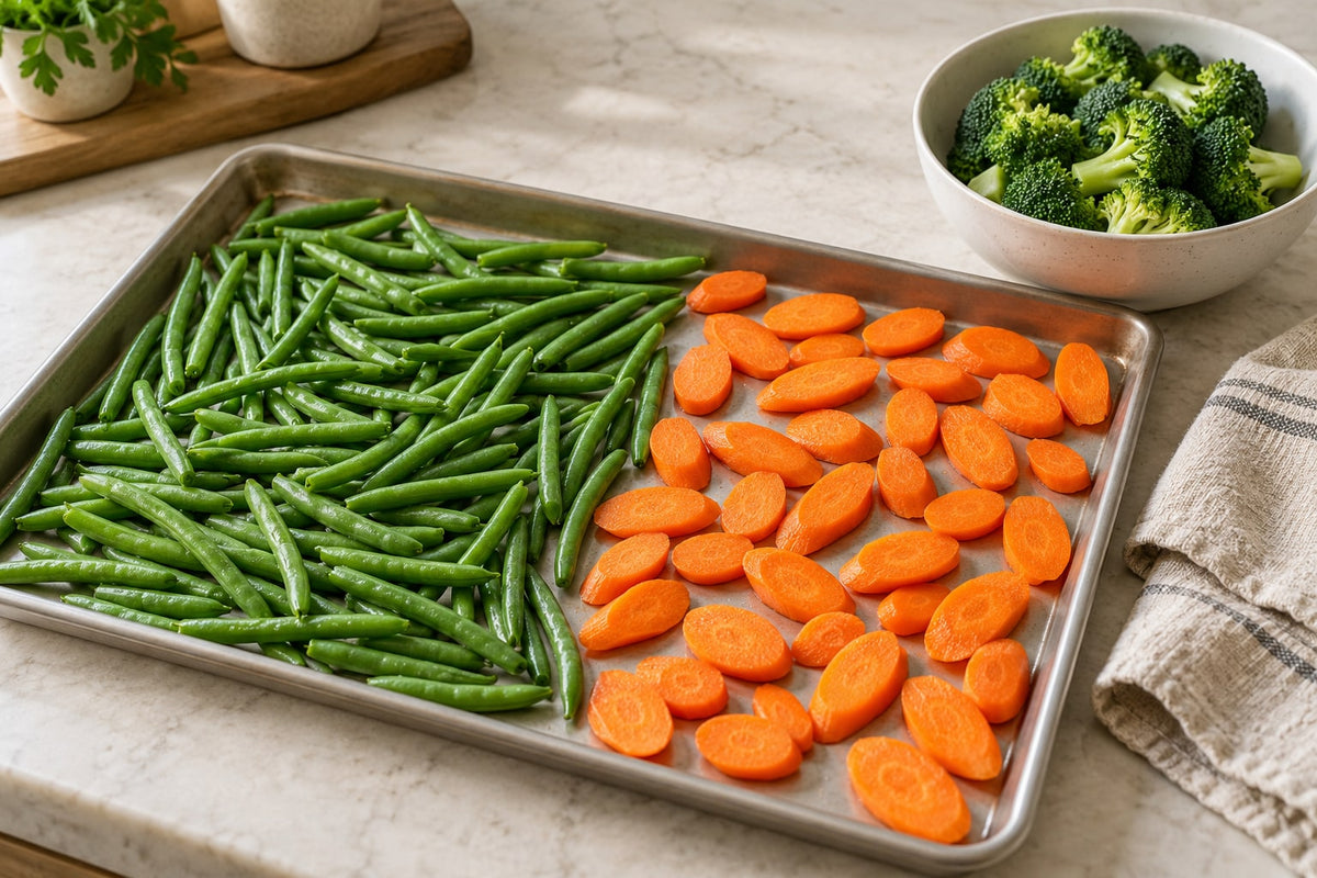 Green beans and carrot slices on a metal tray beside a bowl of broccoli florets for freezer preparation.