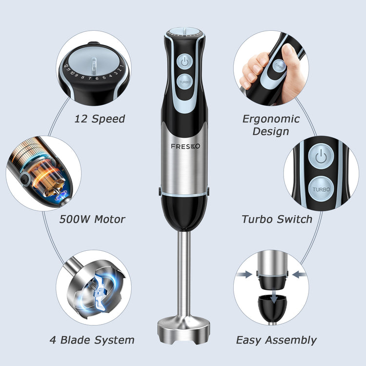 FRESKO Stainless Steel Hand Blender, 1200W Electric Stick Blender with 12  Speed and Turbo Mode, Heavy Duty Copper Motor Immersion Blender,700ml  Beaker