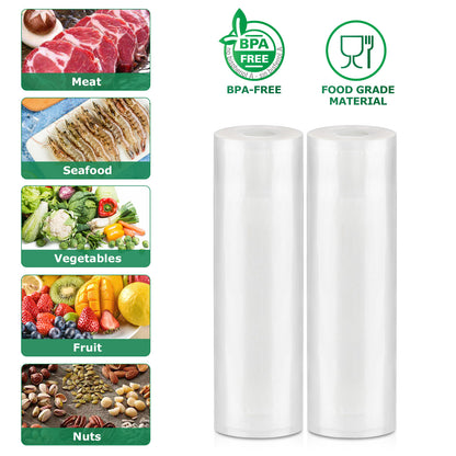 Two rolls of food wrap with categories for meat, seafood, vegetables, fruit, and nuts, and certification logos for BPA-free and food-grade material.