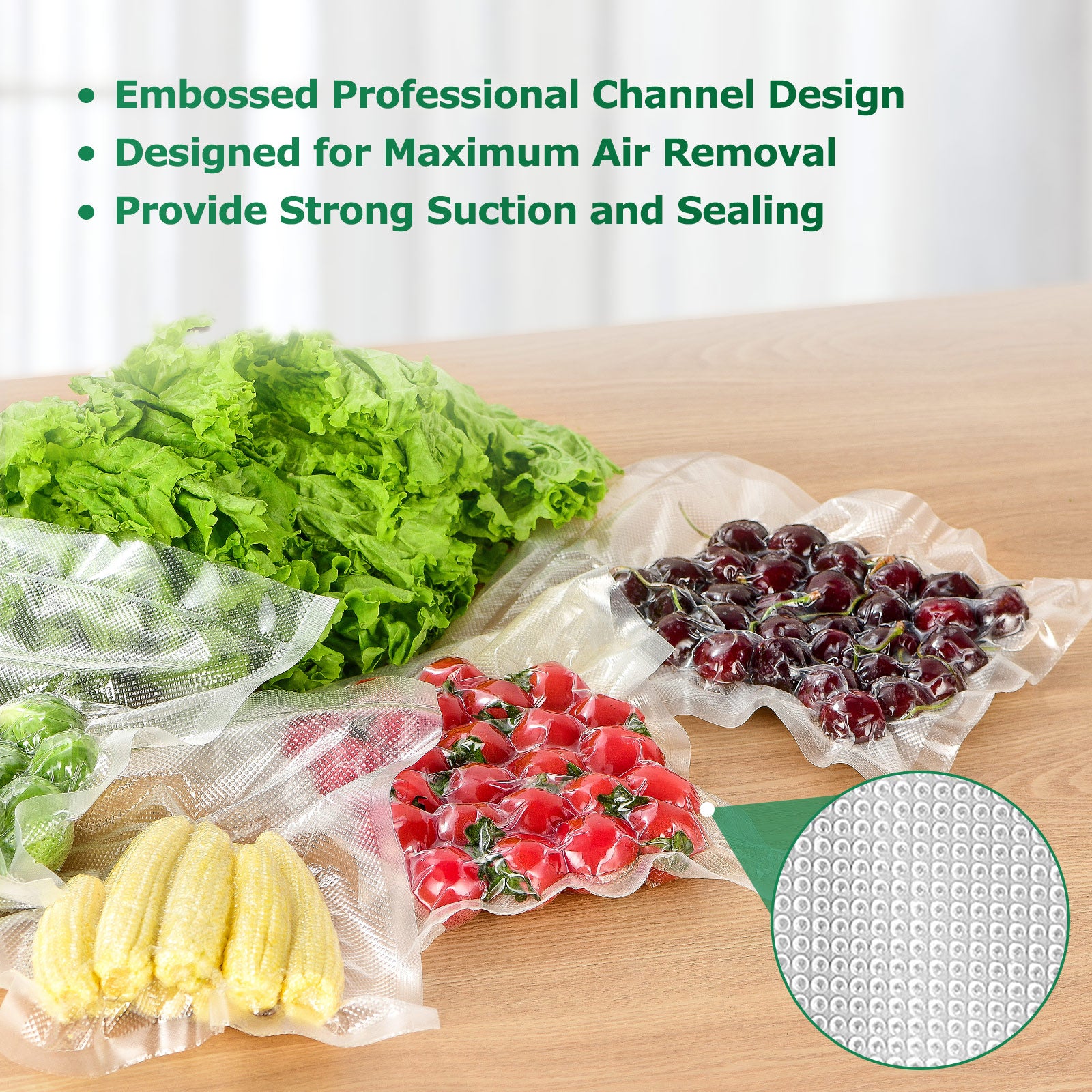 Vacuum-sealed fruits and vegetables on a wooden surface with embossed design details.