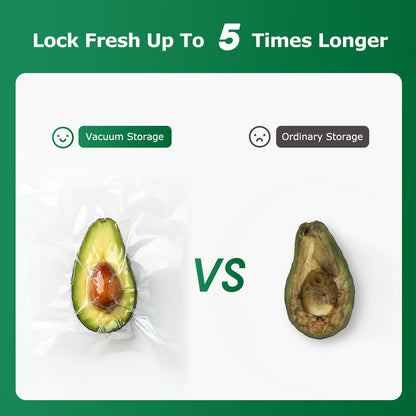 Avocado halves, one vacuum-sealed and one not, with text comparing vacuum storage to ordinary storage.