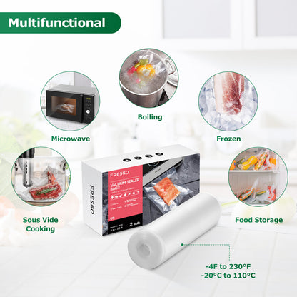 Multifunctional vacuum sealer bags with images of usage scenarios on a white background.