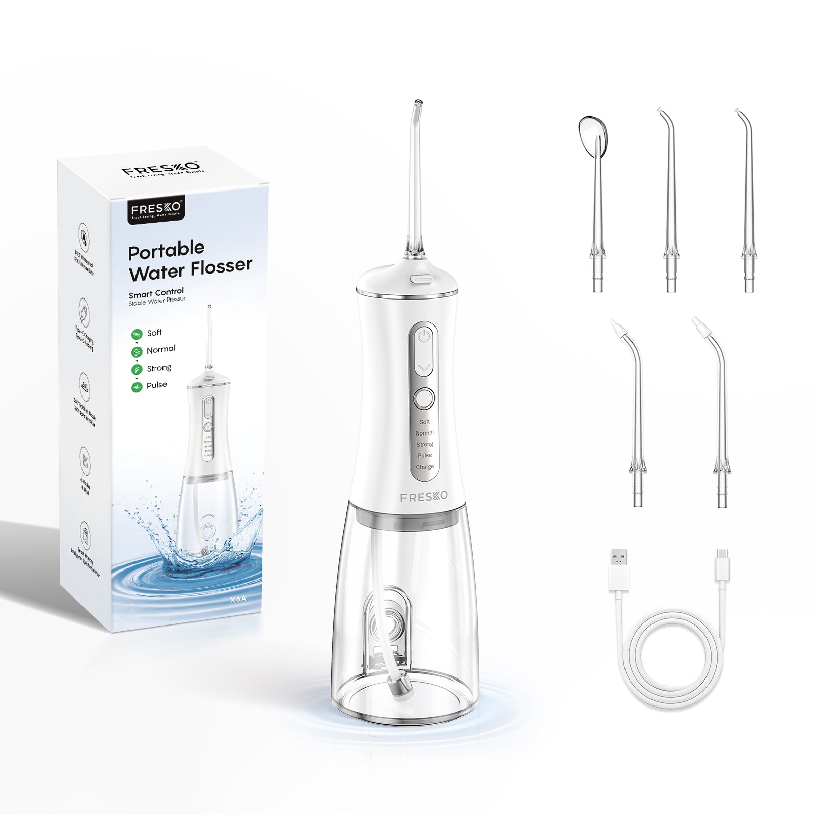 Portable water flosser with packaging, nozzles, and USB cable on a white background