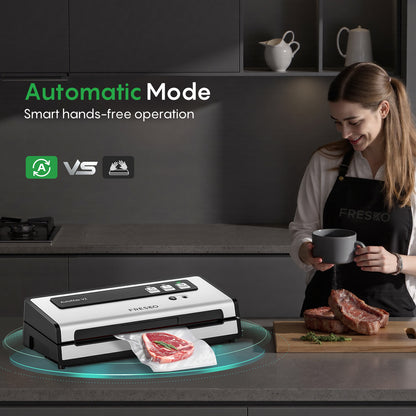 FRESKO Automatic Vacuum Sealer, 140 W Vacuum Sealer with Double Heat Seal, Dry/Wet Mode, One-Hand Operation, Automatic Locking, 10 Pre-Cut Bags (Automax V2)