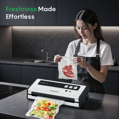 FRESKO Automatic Vacuum Sealer, 140 W Vacuum Sealer with Double Heat Seal, Dry/Wet Mode, One-Hand Operation, Automatic Locking, 10 Pre-Cut Bags (Automax V2)