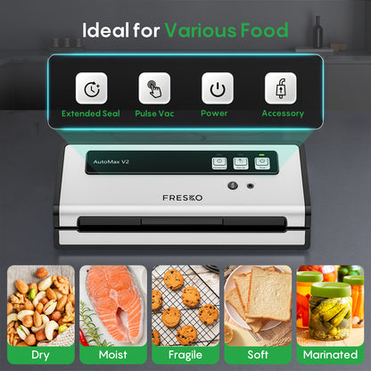 FRESKO Automatic Vacuum Sealer, 140 W Vacuum Sealer with Double Heat Seal, Dry/Wet Mode, One-Hand Operation, Automatic Locking, 10 Pre-Cut Bags (Automax V2)