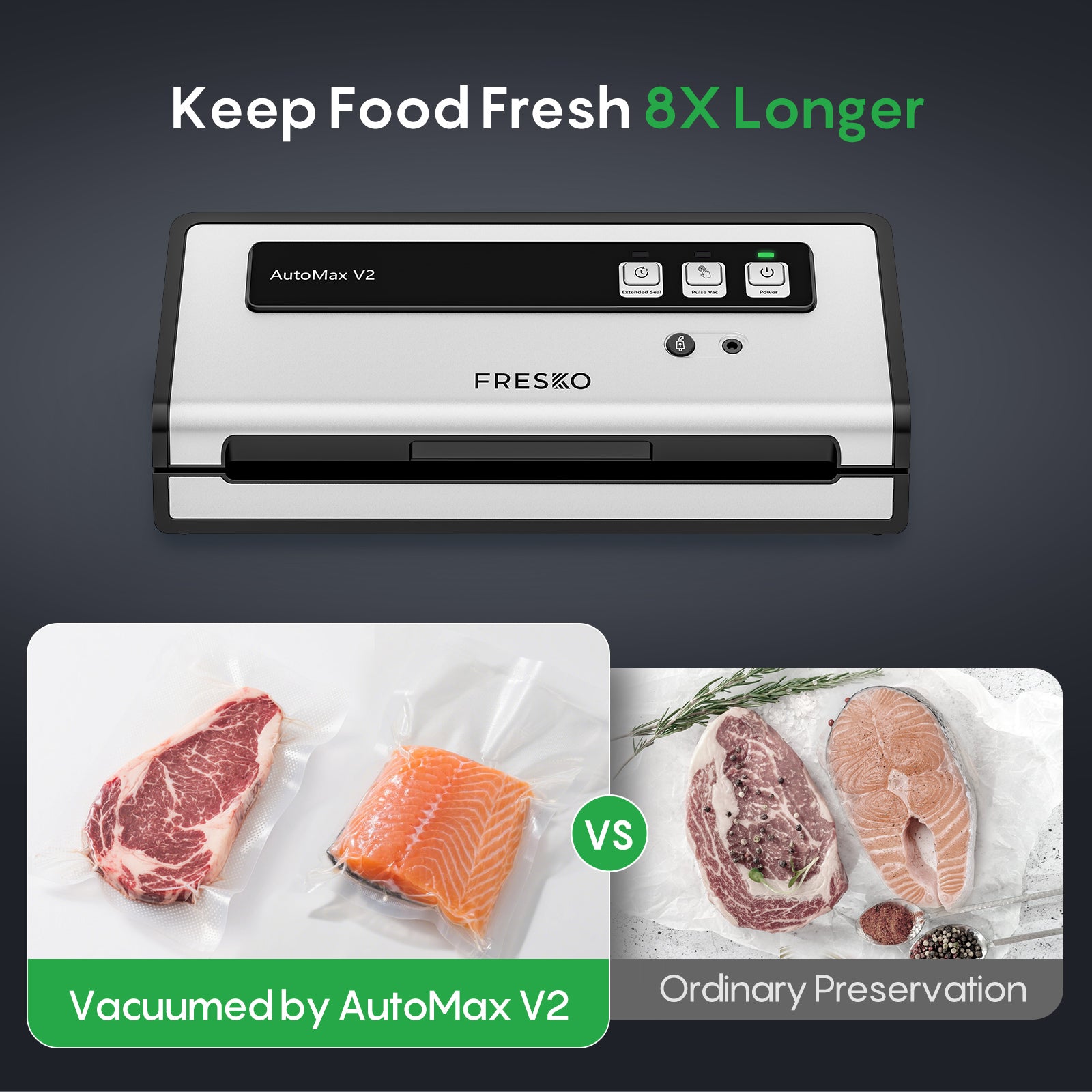 FRESKO Automatic Vacuum Sealer, 140 W Vacuum Sealer with Double Heat Seal, Dry/Wet Mode, One-Hand Operation, Automatic Locking, 10 Pre-Cut Bags (Automax V2)
