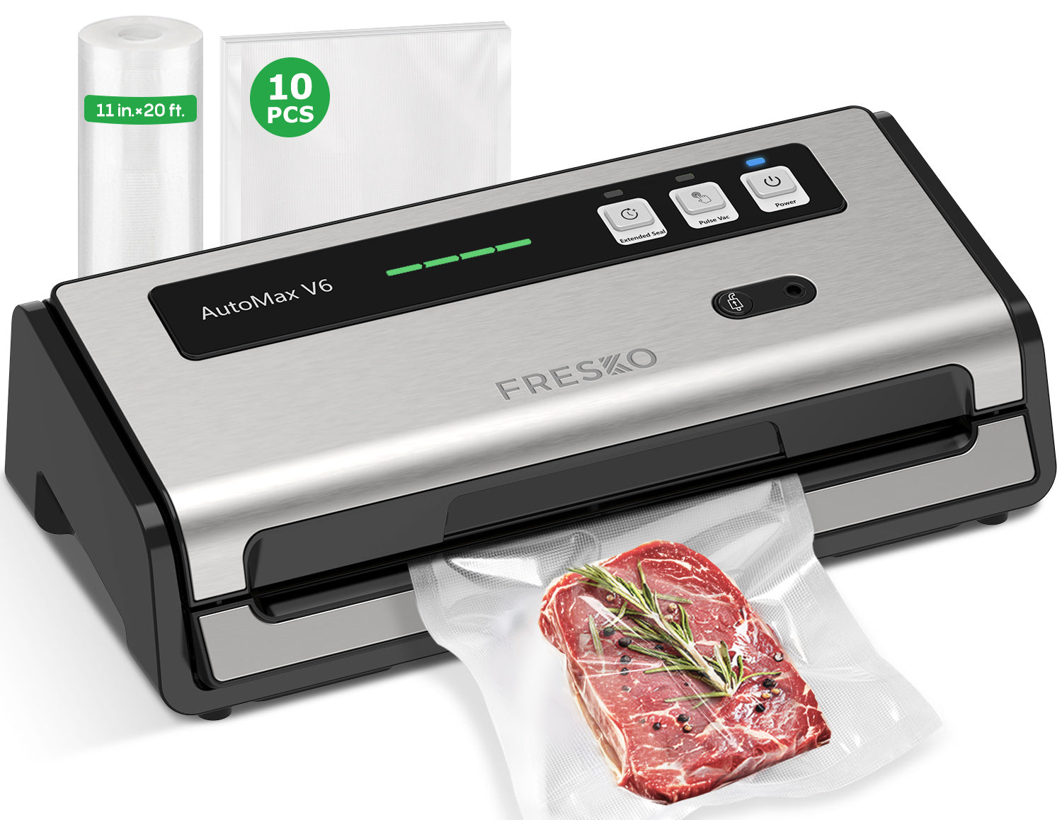 FRESKO Automatic Vacuum Sealer, 140 W Vacuum Sealer, Widened Heating Strips, Integrated Cutter and Bag Storage, One-Handed Operation (Automax V6)