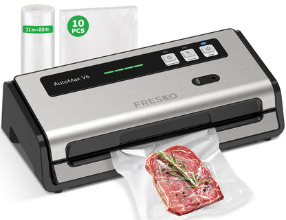 FRESKO Automatic Vacuum Sealer, 140 W Vacuum Sealer, Widened Heating Strips, Integrated Cutter and Bag Storage, One-Handed Operation (Automax V6)