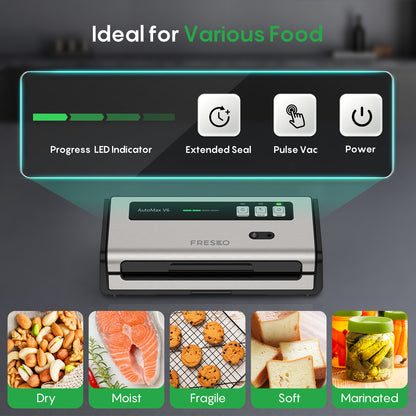 FRESKO Automatic Vacuum Sealer, 140 W Vacuum Sealer, Widened Heating Strips, Integrated Cutter and Bag Storage, One-Handed Operation (Automax V6)