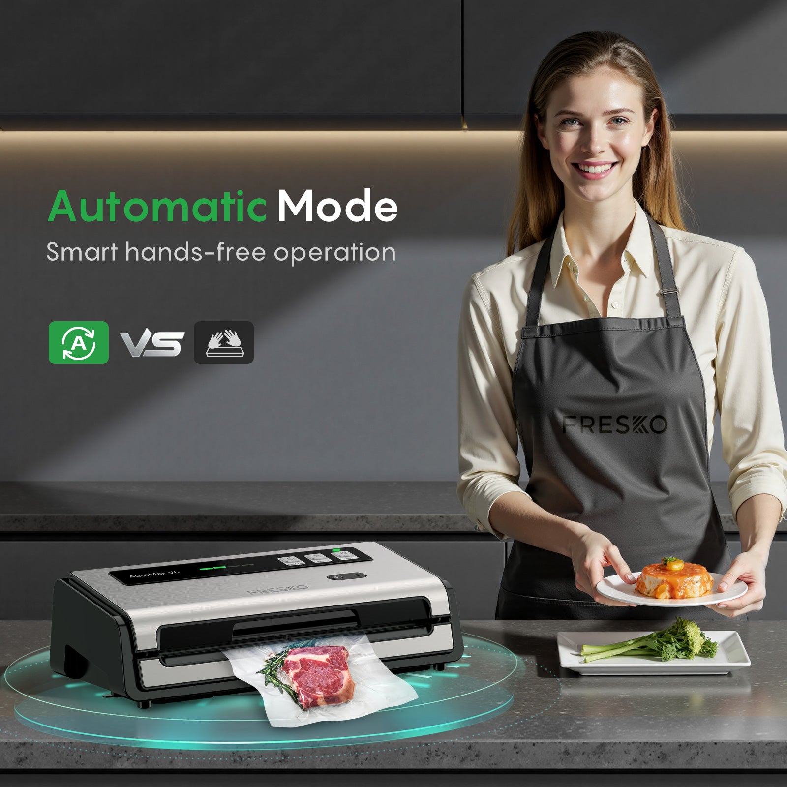 FRESKO Automatic Vacuum Sealer, 140 W Vacuum Sealer, Widened Heating Strips, Integrated Cutter and Bag Storage, One-Handed Operation (Automax V6)