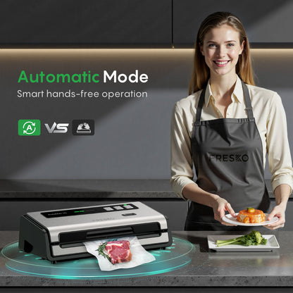 FRESKO Automatic Vacuum Sealer, 140 W Vacuum Sealer, Widened Heating Strips, Integrated Cutter and Bag Storage, One-Handed Operation (Automax V6)