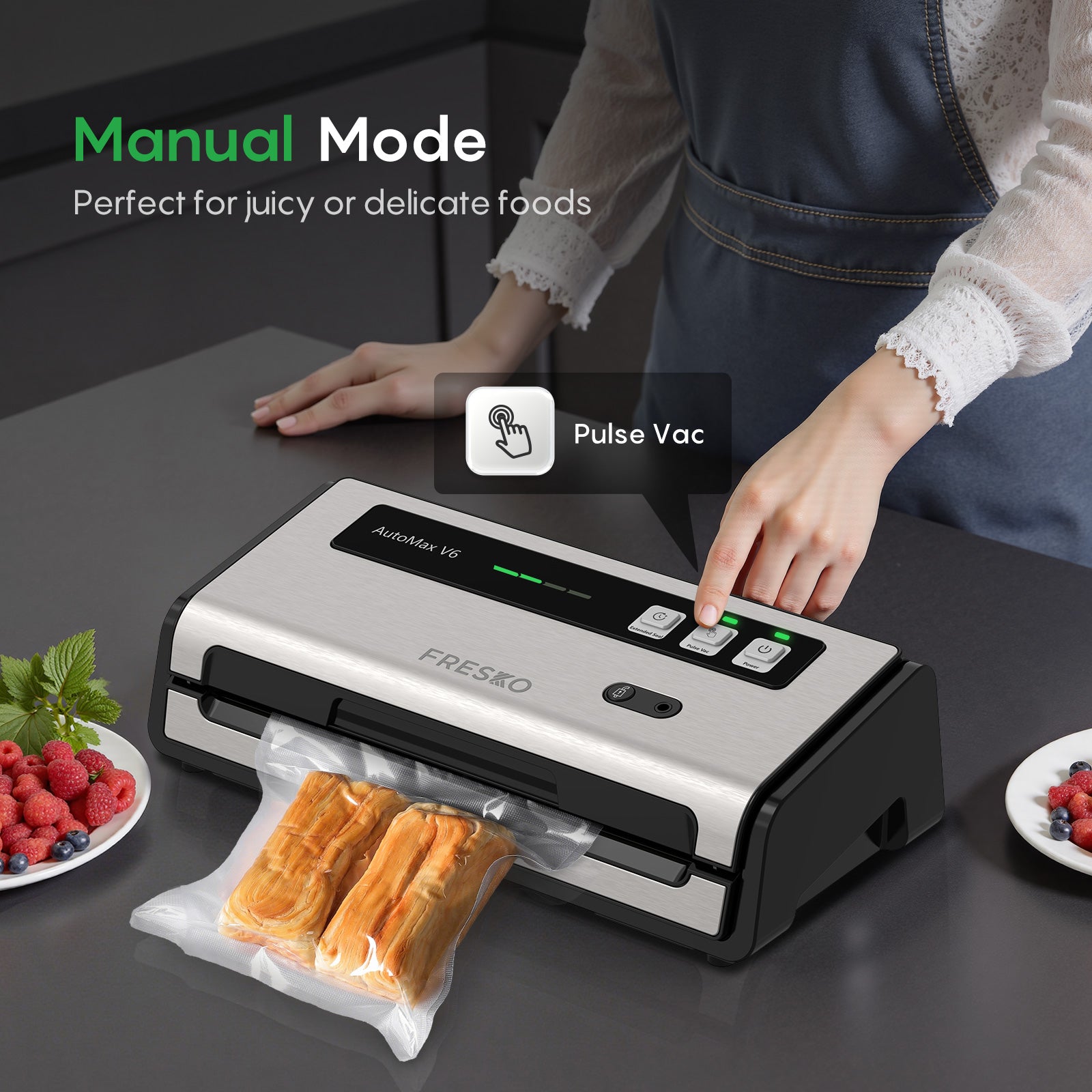 FRESKO Automatic Vacuum Sealer, 140 W Vacuum Sealer, Widened Heating Strips, Integrated Cutter and Bag Storage, One-Handed Operation (Automax V6)