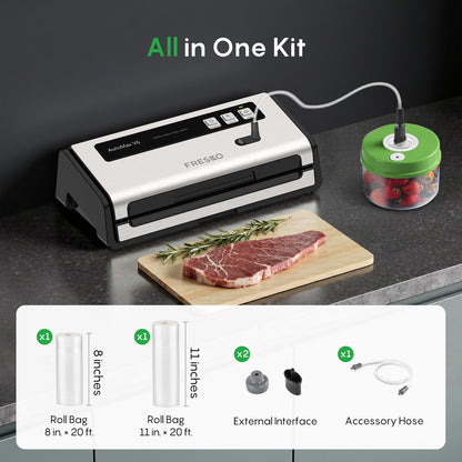 FRESKO Automatic Vacuum Sealer, 140 W Vacuum Sealer, Widened Heating Strips, Integrated Cutter and Bag Storage, One-Handed Operation (Automax V6)