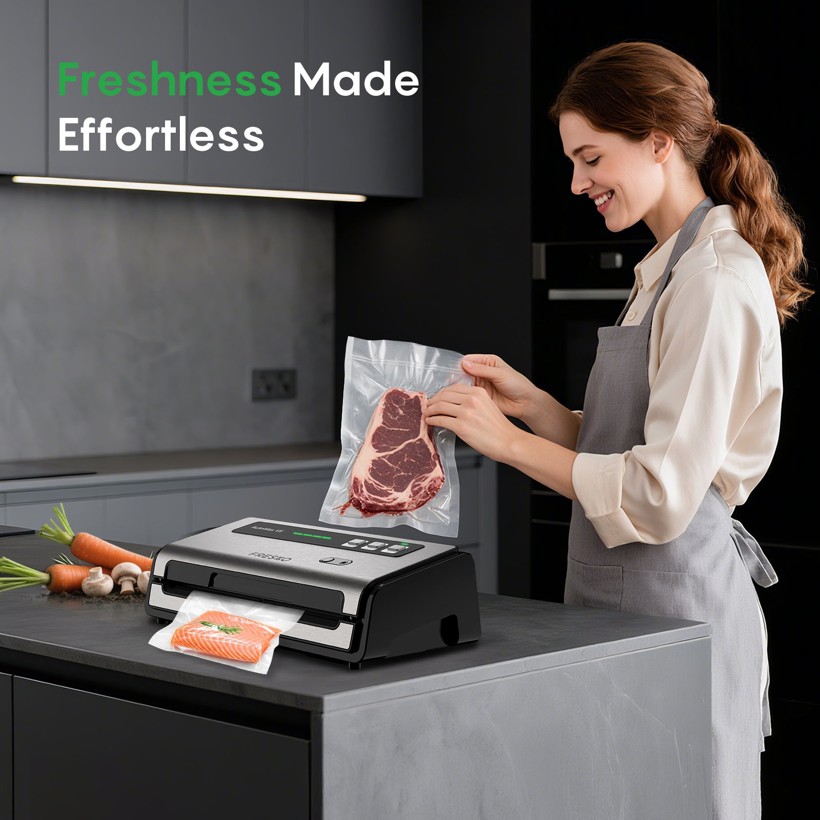 FRESKO Automatic Vacuum Sealer, 140 W Vacuum Sealer, Widened Heating Strips, Integrated Cutter and Bag Storage, One-Handed Operation (Automax V6)