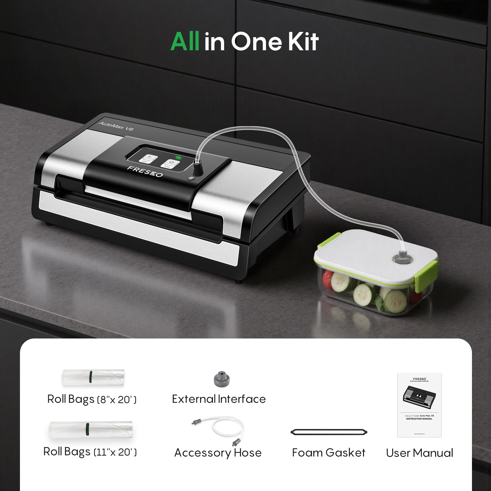FRESKO AutoMax V8 Heavy-Duty Automatic Vacuum Sealer for Food Storage,Includes 2 Bag Rolls