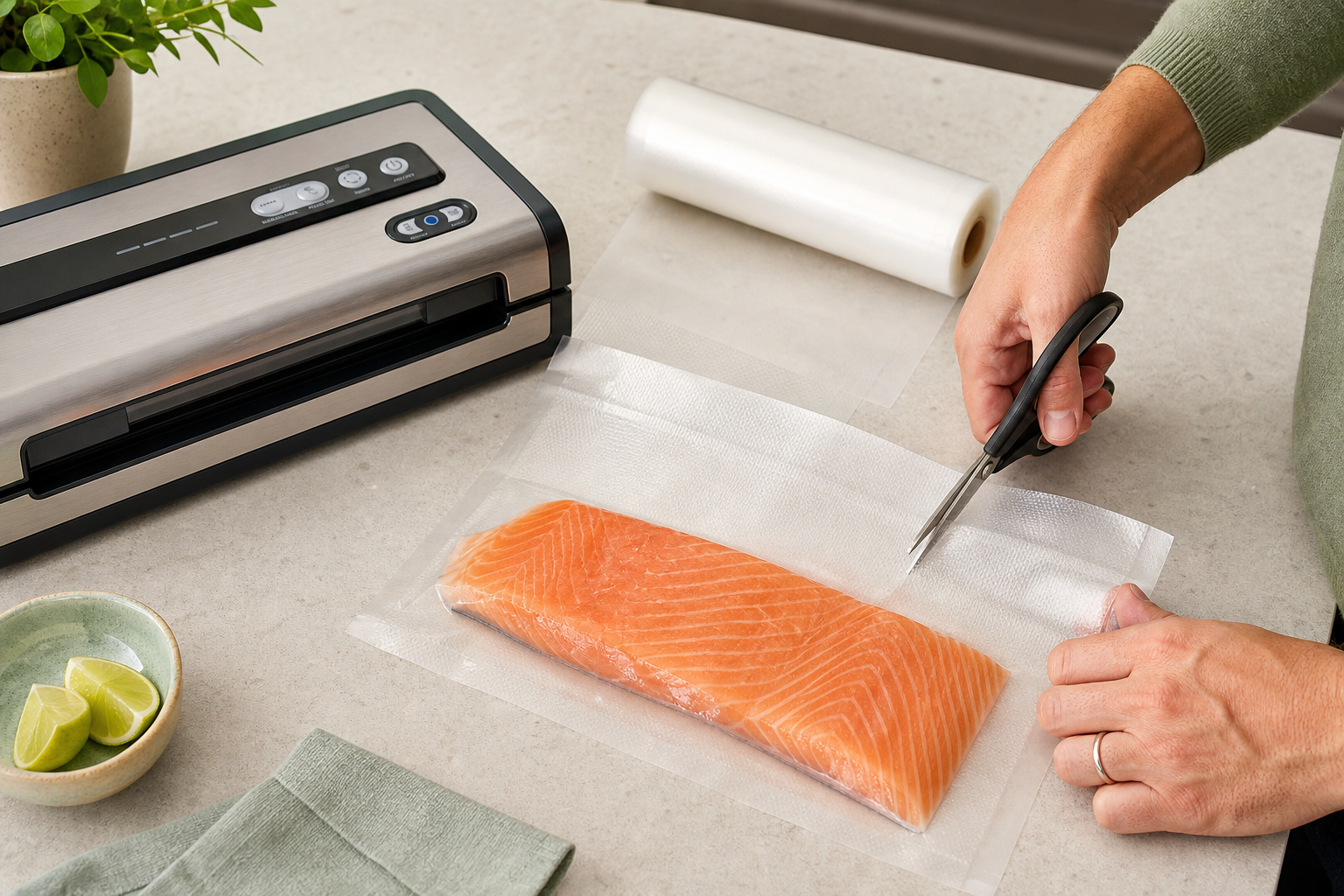 Hands cutting a textured vacuum sealer roll to fit a salmon fillet