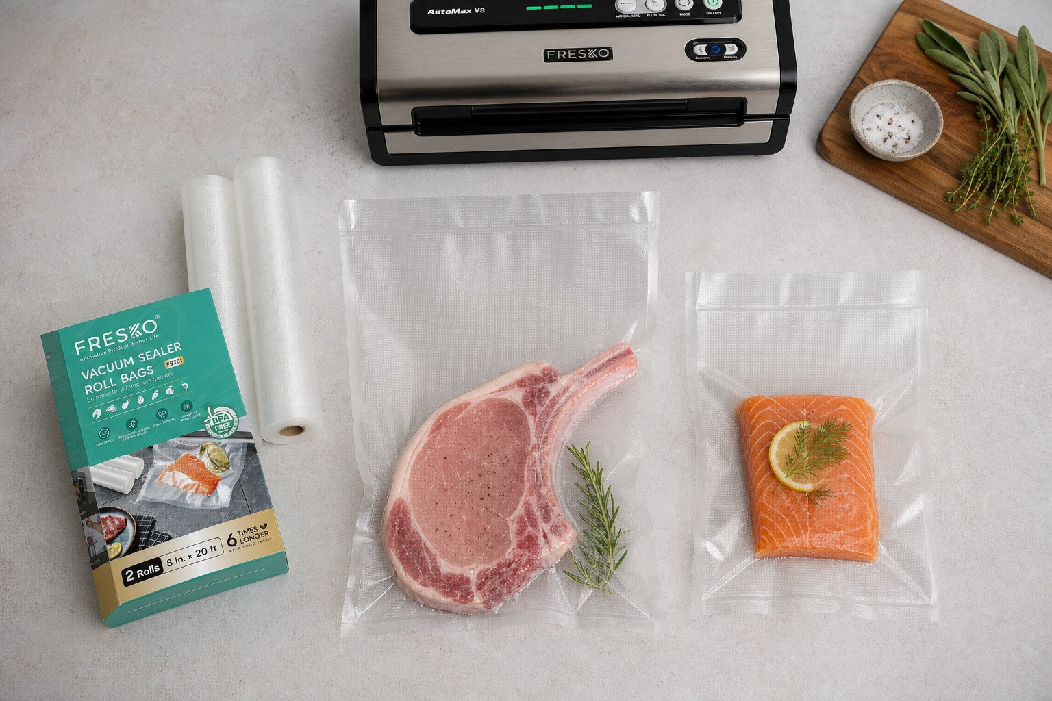 Fresko vacuum sealer rolls with pork chop and salmon bags leaving clean sealing space