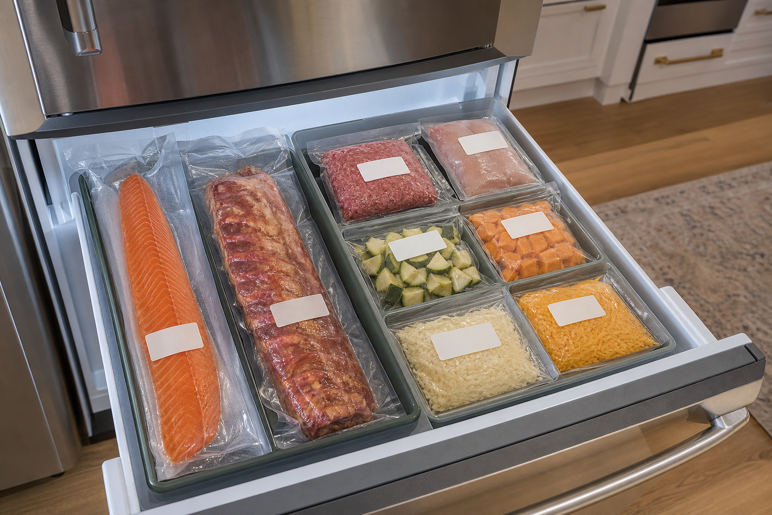 Custom-length vacuum sealer rolls and uniform pre-cut vacuum bags organized in a freezer drawer