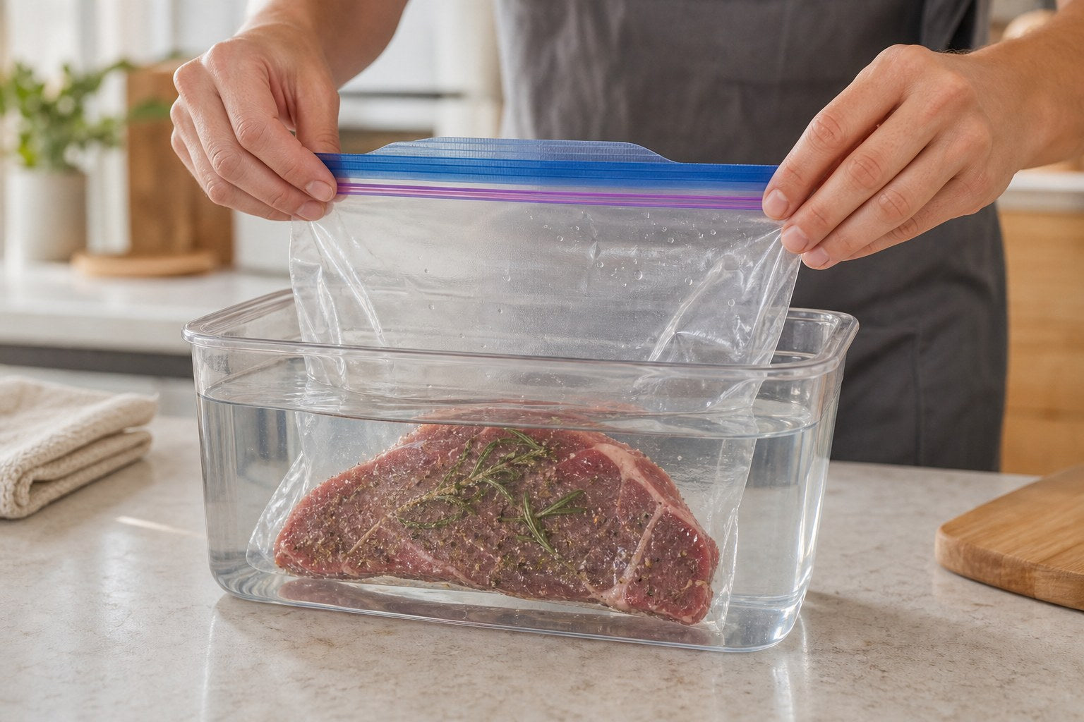 Water-displacement method removing air from a zip-top bag for sous vide steak